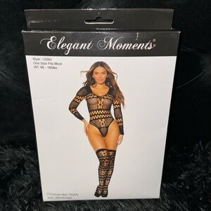 Elegant Moments Black Crochet Net Teddy with Stockings